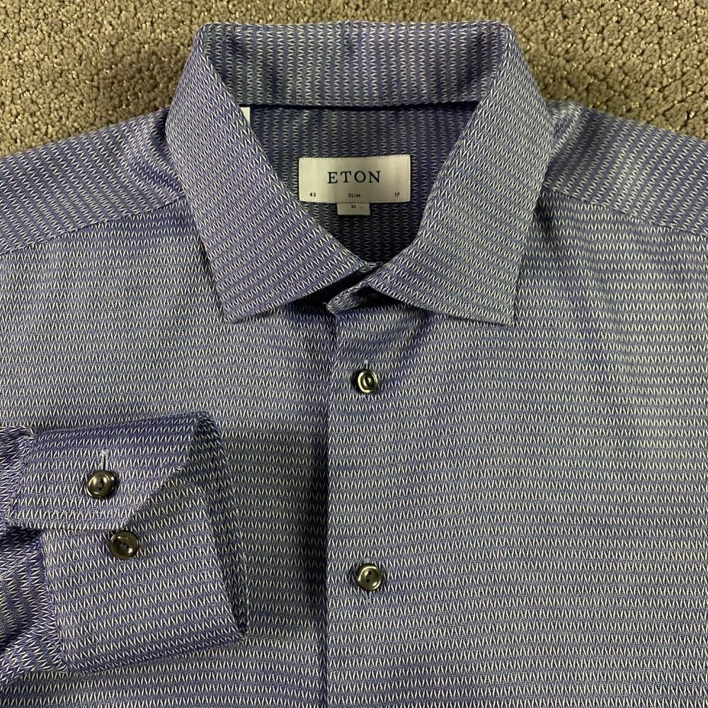 Eton Slim Fit Shirt Men's XL 43 17 Blue Spread Collar Geometric Cotton Button Up